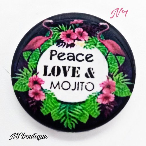 Cabochon rond en verre 25mm peace love & mojito flamants rose