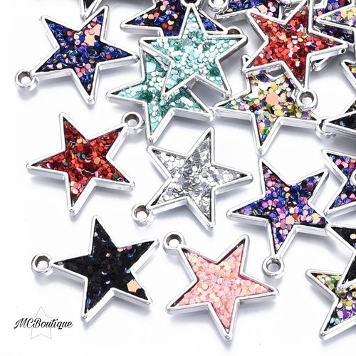 5 breloques étoiles à paillettes acrylique multicolore 24mm