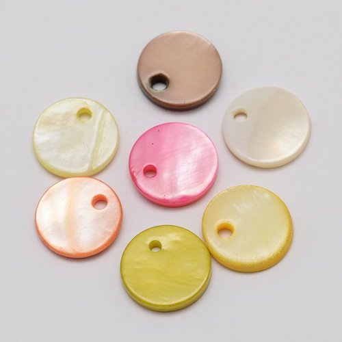 10 breloques coquillage rond plat 10mm multicolore