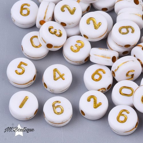 100 perles chiffre style alphabet blanc écriture dorée 7mm