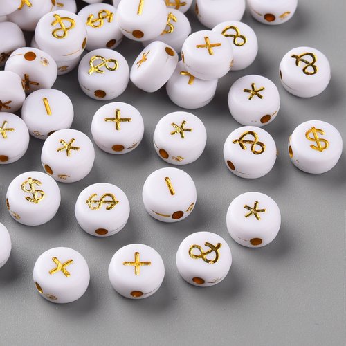 25, 100 perles symboles style alphabet 7mm blanc écriture dorée