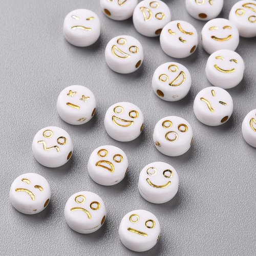 25 perles smiley style alphabet blanc écriture dorée 7mm