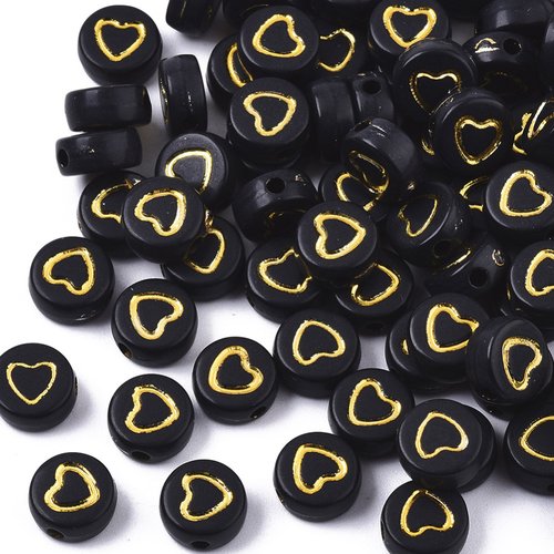 50 perles rondelles cœur acrylique noir et doré 7mm