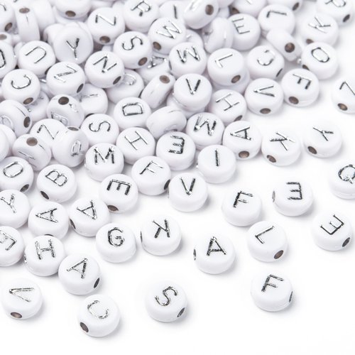 300 perles alphabet blanc écriture argentée 7mm
