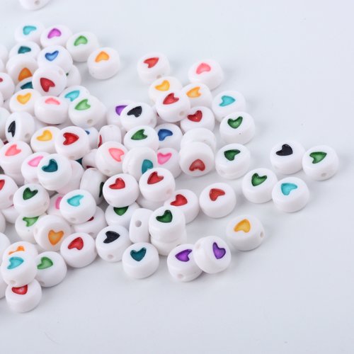 25, 100 perles rondelles cœurs acrylique multicolore 7mm