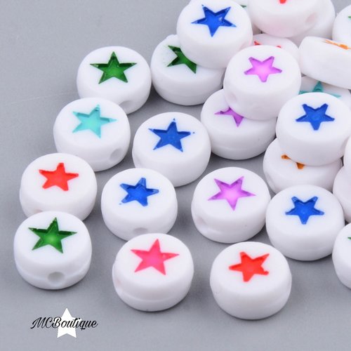 25, 100 perles rondelles étoiles acrylique multicolore 7mm