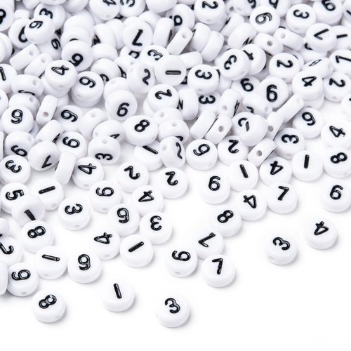 100 perles chiffre style alphabet blanc écriture noire 7mm