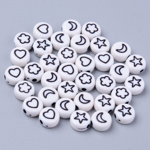 25, 100 perles rondelles formes mixtes acrylique blanc et noir 7mm