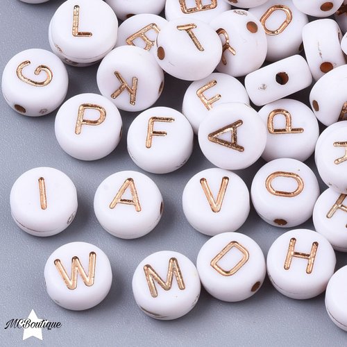 300 perles alphabet blanc écriture or clair 7mm