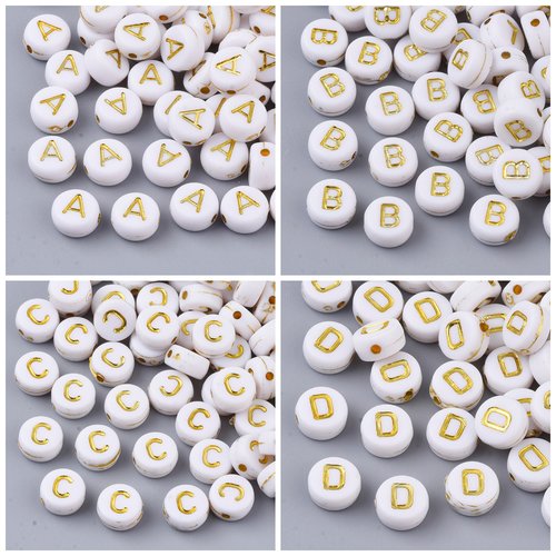 10 perles alphabet lettre blanc écriture dorée 7mm