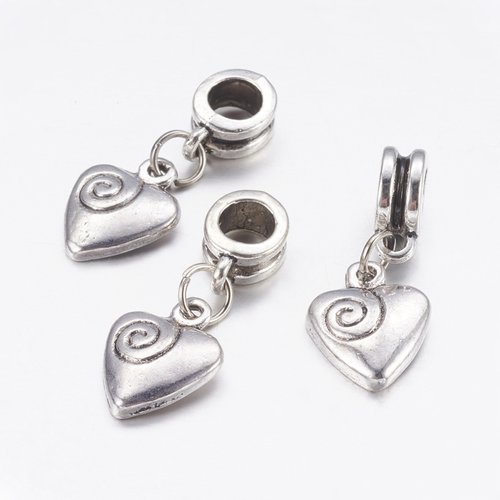 5 perles attache breloque cœur métal argenté