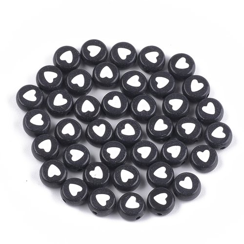50 perles cœur acrylique noir et blanc 7mm