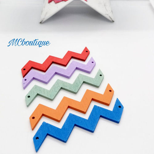 5 connecteurs en bois forme zig-zag 60mm bleu, orange, vert, violet, rouge