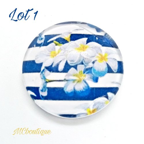 Cabochon rond en verre 25mm fleur blanc et bleu