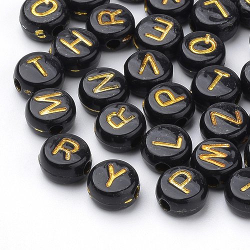 300 perles alphabet noir écriture dorée 7mm