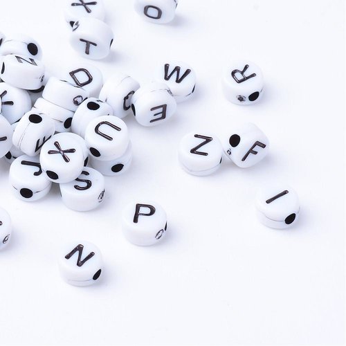 300 perles alphabet acrylique blanc écriture noire 7mm