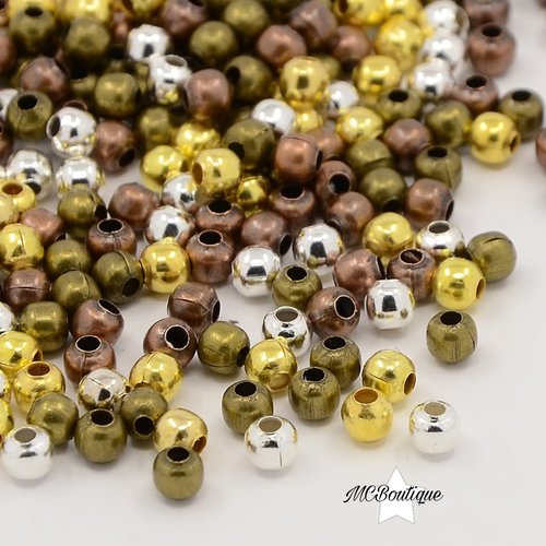 200 perles rondes intercalaires métal 3.2mm 5 couleurs
