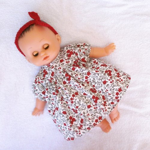 Habits poupon petitcollin 28 cm - robe à fleurs rouges et grises