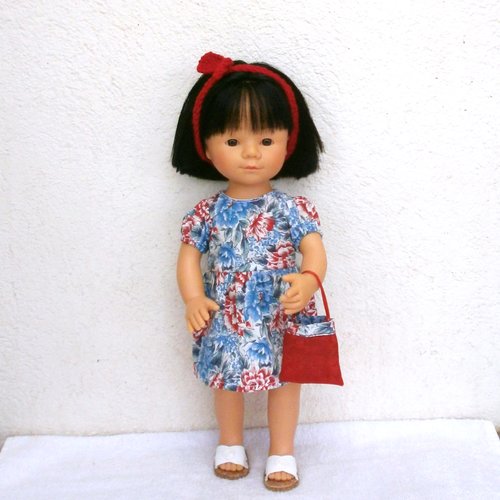 Habits poupée marieta (35 cm) : robe liberty rouge et bleu