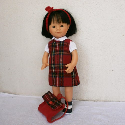 Habits poupée marieta (35 cm) : tenue d'écolière écossais rouge