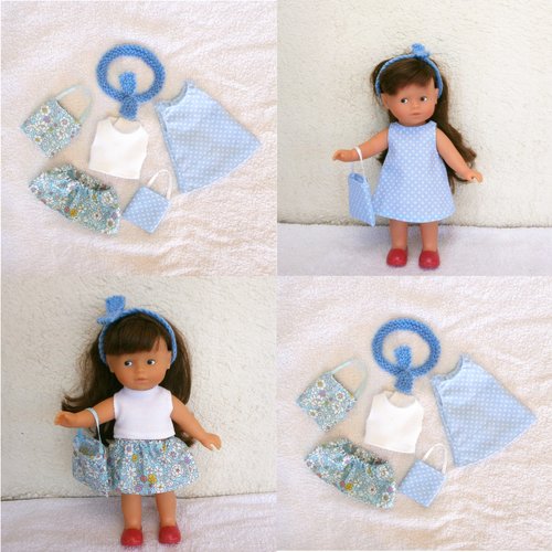 Habits, vêtements mini poupée corolle 20 cm mini corolline : lot d'habits fleurs/pois (bleu)