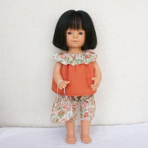 Habits, vêtements poupée marieta (35 cm, d'nenes) : tenue liberty orange et vert pour marieta