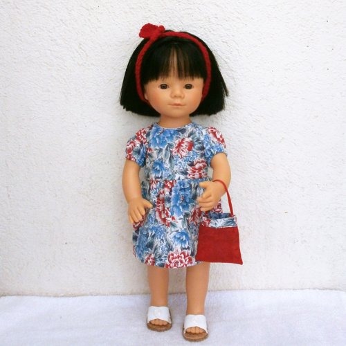 Habits, vêtements poupée marieta (35 cm, d'nenes) : robe liberty rouge et bleu