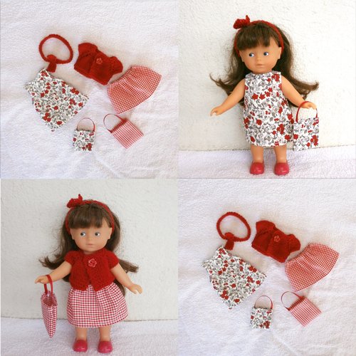 Habits poupée corolle 20 cm, vêtements mini corolline : lot d'habits fleurs et carreaux (rouge)