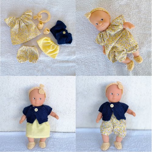 Vêtements mini poupon corolle 20 cm : "les demoiselles" (jaune / bleu marine)