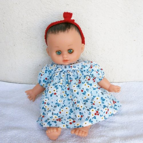 Habits poupon petitcollin 28 cm - robe bleue à fleurs rouges