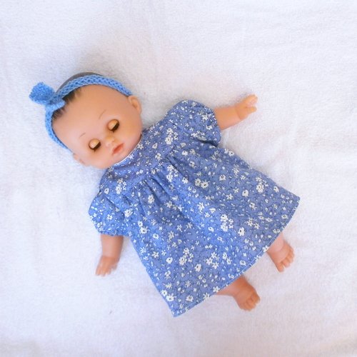 Habits poupon petitcollin 28 cm - robe bleue fleurs blanches