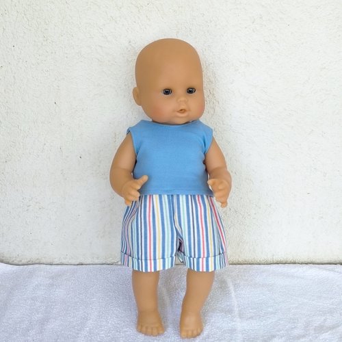 Vêtements poupon 36 cm vinyle - tenue d'été short rayé