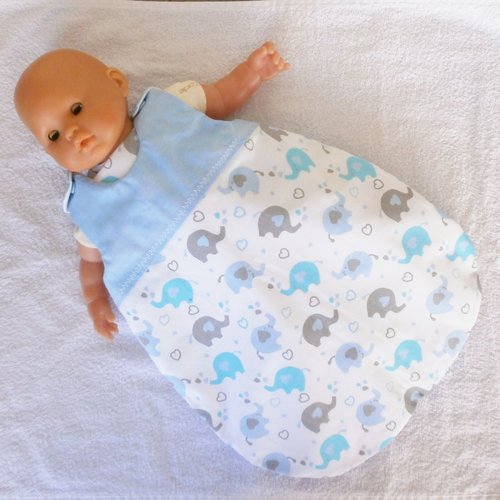 Vêtements poupon 36 cm - gigoteuse éléphants bleu/gris