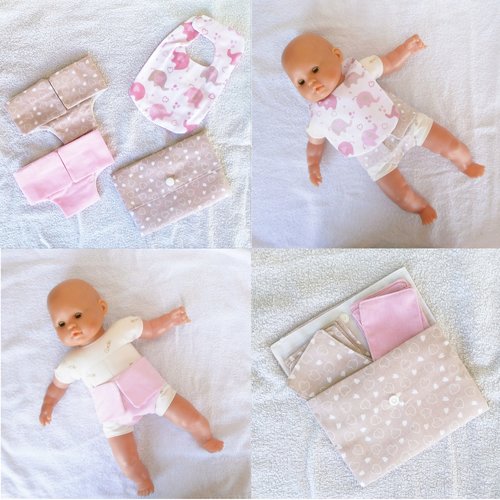 Vêtements poupon 36 cm - accessoires tons rose et camel