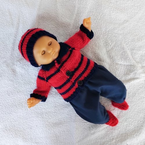 Habits poupon 30 cm - ensemble bleu marine et rouge