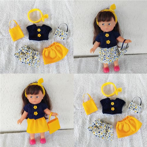 Vêtements poupée mini corolline 20 cm : lot bleu marine et jaune