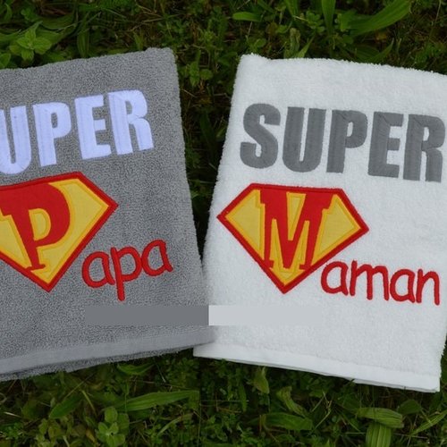 Duo de serviettes de toilette brodées super maman et super papa