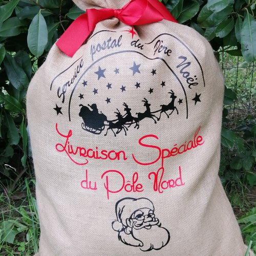Sac hotte du père noël en toile de jute – 100 % fait main et personnalisable