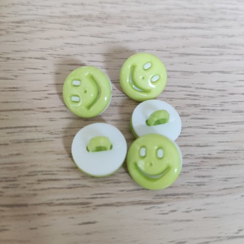Lot de 5 boutons vert et blanc tête smiley