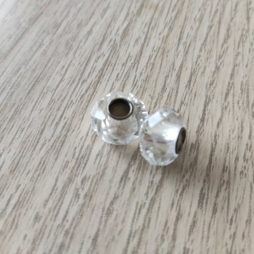 Lot de 2 perles européennes en cristal de verre blanc transparent