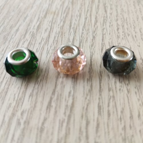 Lot de 3 perles européennes en cristal de verre blanc vert rose et noir