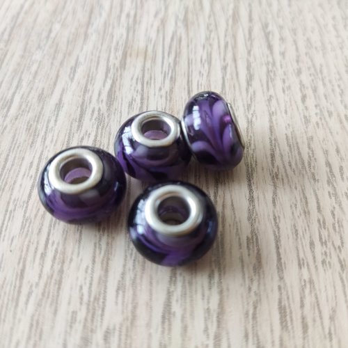 Lot de 2 perles européennes en verre violet avec décor blanc