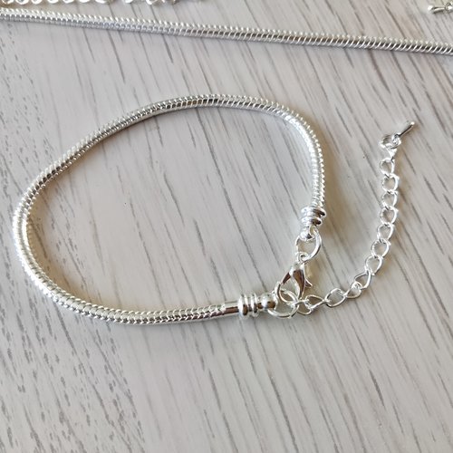 1 bracelet pour perle européenne fermoir mousqueton avec chaînette de rallonge en métal argenté