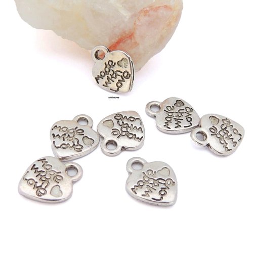 Lot de 10 breloques argentées "coeur made with love"