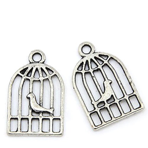 Lot de 7 breloques argentées oiseau en cage 19 x 12 mm