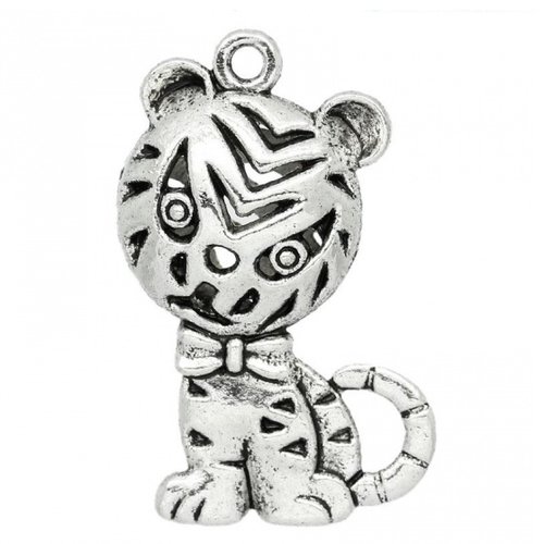 Lot de 10 pendentifs argenté tigre - 32 x 22mm