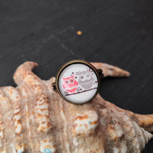 Bague hiboux, chouettes, cabochon en verre