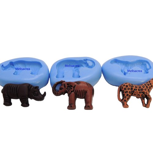 Lot de 3 moules en silicone léopard, rhinocéros, éléphant