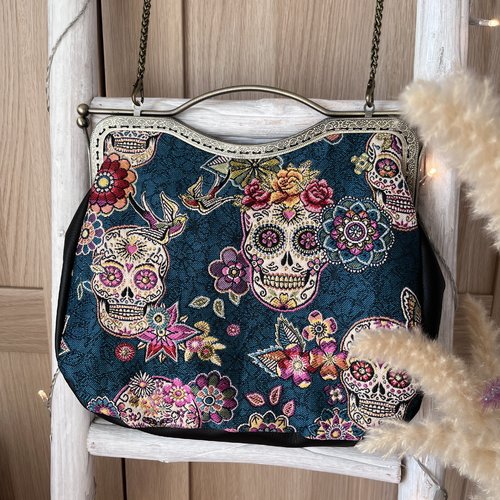 Sac rétro vintage artisanal “tête de mort mexicaine” - fait main, style bohème rock, cadeau original