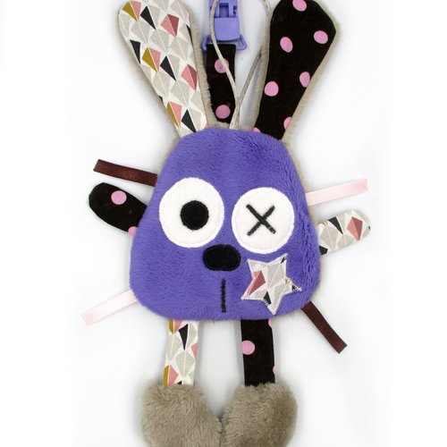 Doudou lapin attache tétine, tissu coton minky , violet marron, hauteur 24 cm, personnalisable en couleur